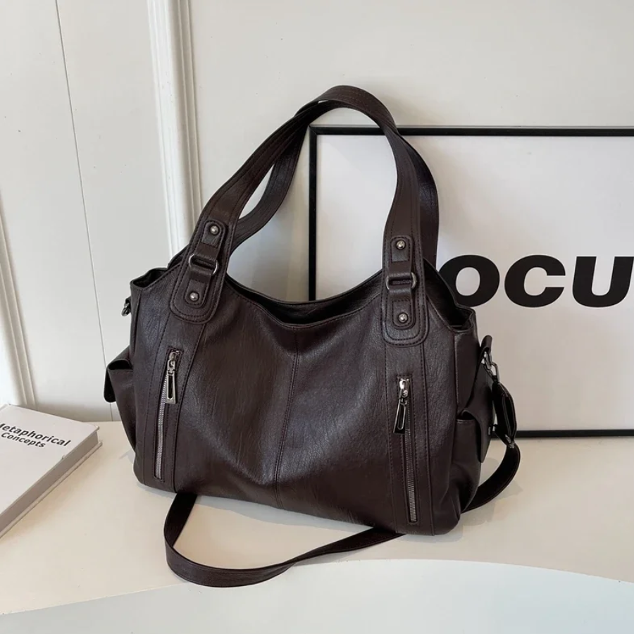 Spacious women's leather shoulder bag, autumn urban style