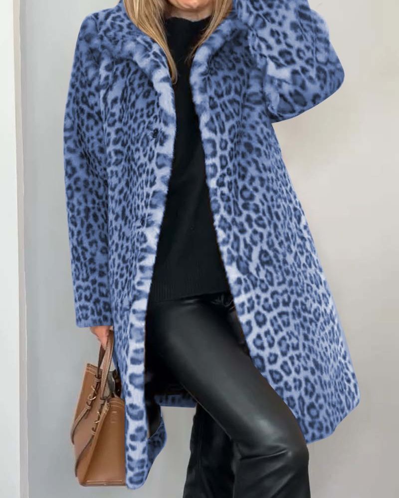 Women's long leopard-print coat with wool, autumn cape