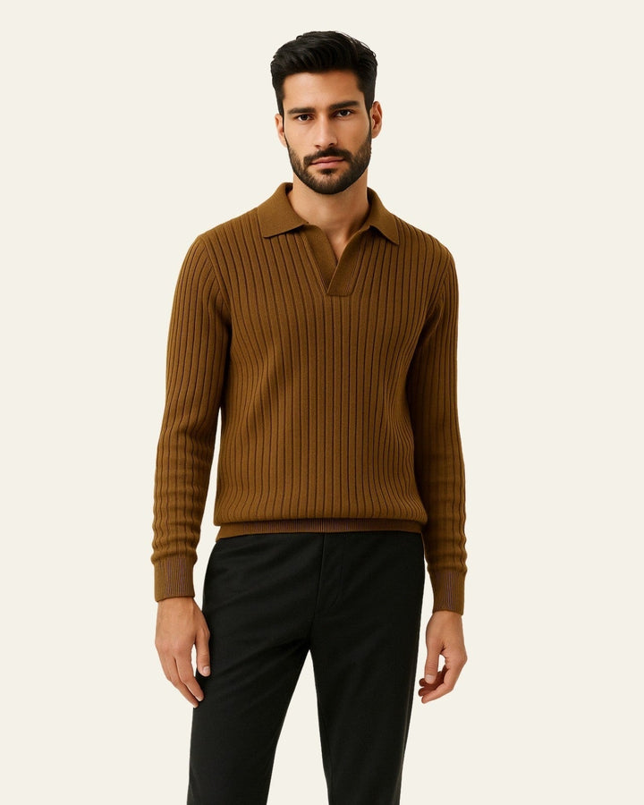 Polo homme à manches longues en maille de coton côtelée pour l’automne