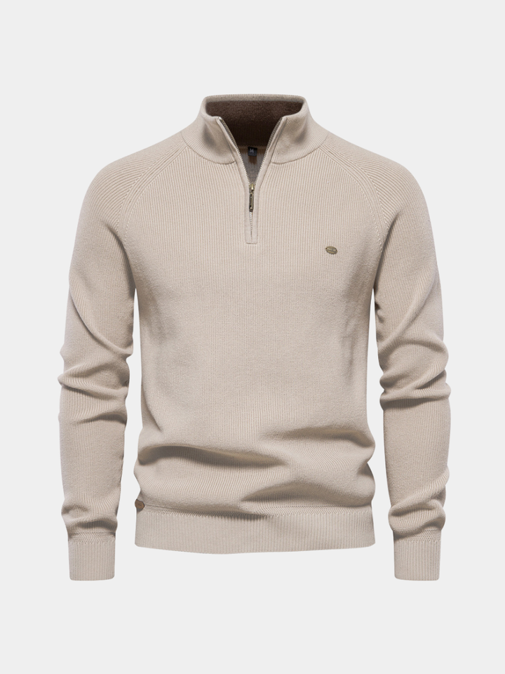 Men’s ribbed cotton sweater with a stand-up collar and zipper, for autumn