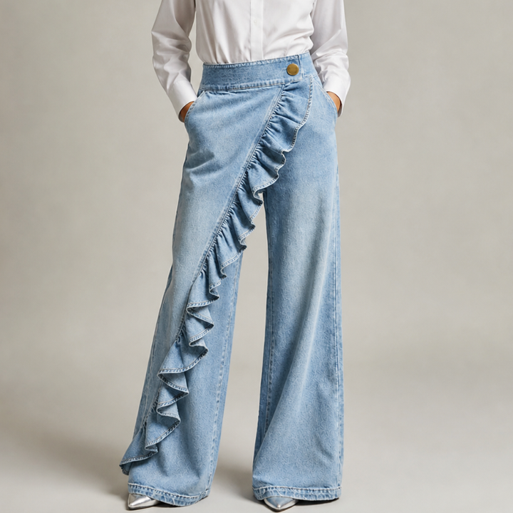 Jean femme en coton à taille haute et jambes larges, pour l’automne