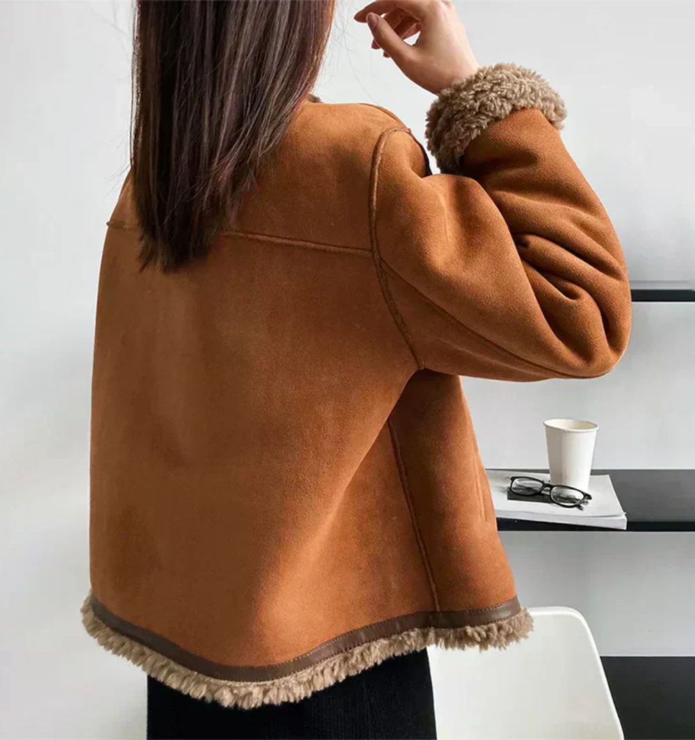 Veste femme en suédine doublée sherpa, veste d'hiver chaude et élégante à boutons
