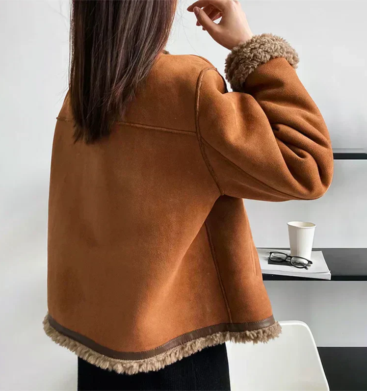Veste femme en suédine doublée sherpa, veste d'hiver chaude et élégante à boutons