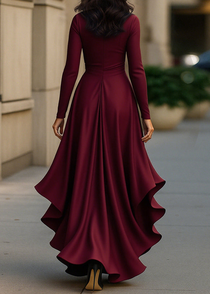 Women’s satin wrap dress with ruffles for autumn, long sleeves and a V-neck