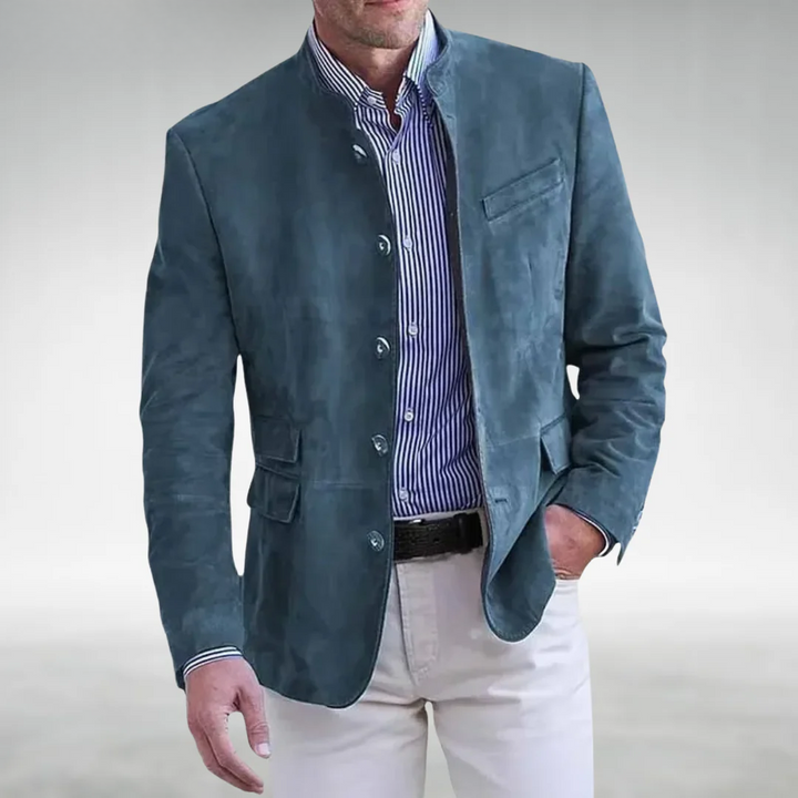 Men's stand-collar suede blazer, structured buttoned jacket for autumn