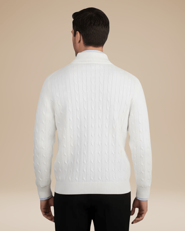 Men's cable-knit wool sweater with a zip-up stand collar for autumn