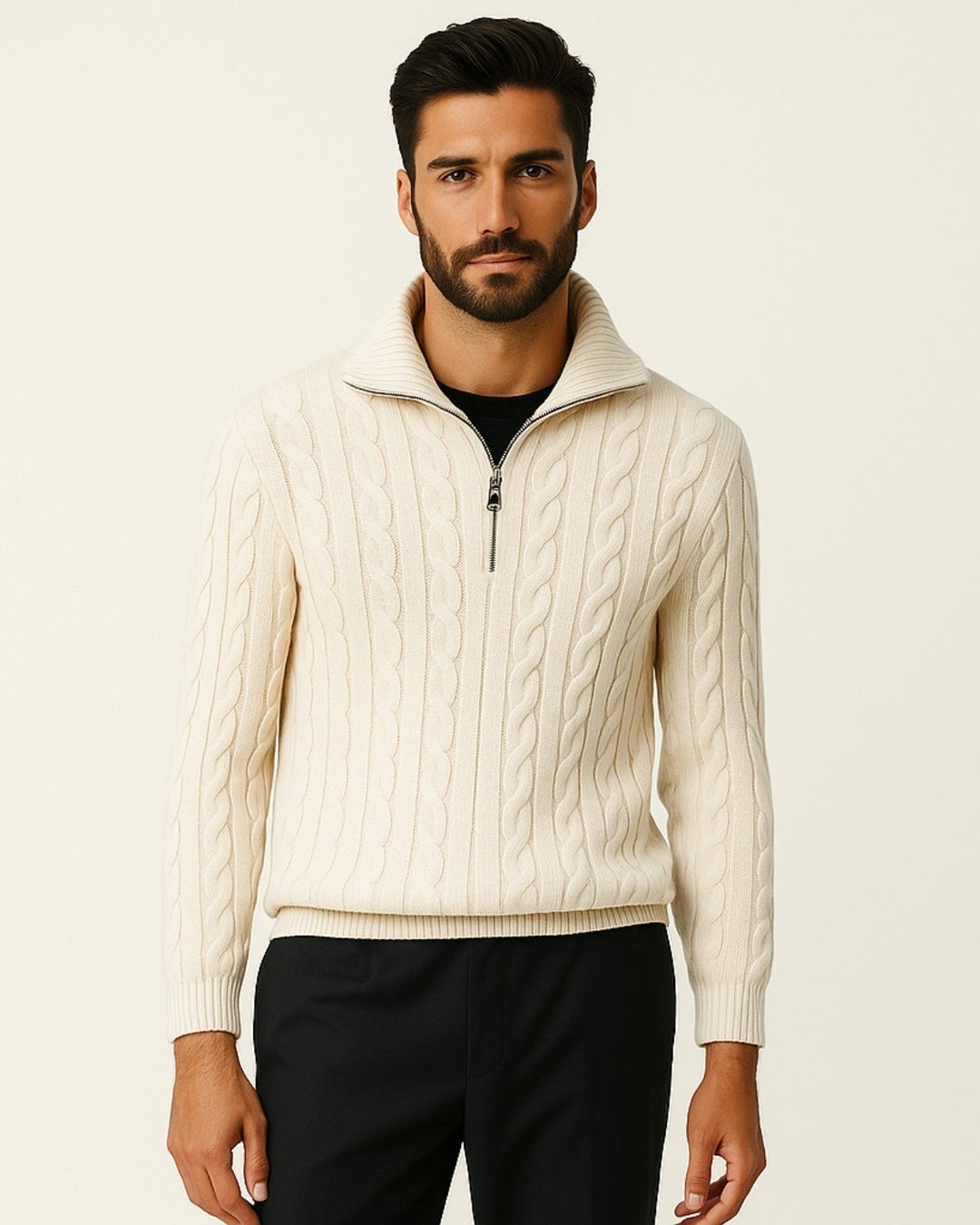 Pull en laine pour homme à col zippé, maille torsadée, tricot d’automne