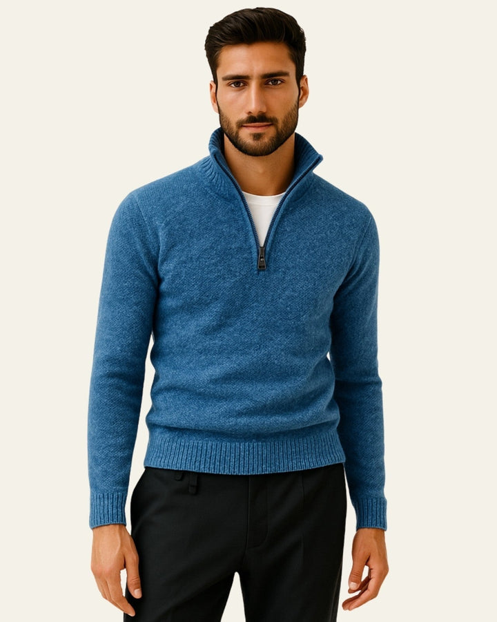 Pull homme en maille texturée à fermeture éclair sous le col, idéal pour l’automne