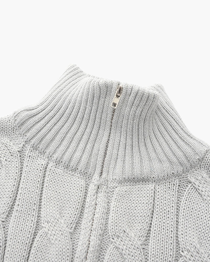 Pull homme en maille torsadée en coton, à col montant et fermeture éclair, pour l’automne