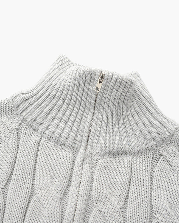 Pull homme en maille torsadée en coton, à col montant et fermeture éclair, pour l’automne