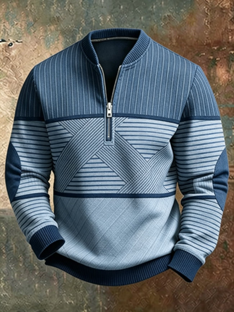 Men's half-zip stand-collar sweater in geometric-patterned knit, casual pullover for autumn