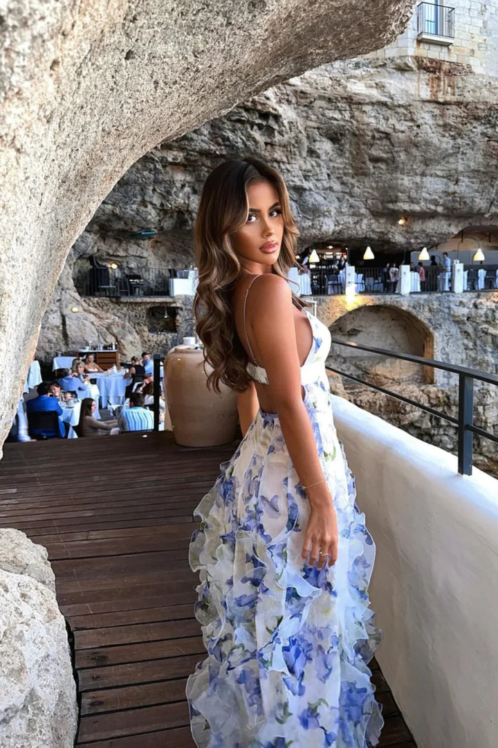 Kaja Robe Maxi en Chiffon Flori avec Volants - Élégante et Chic Robe d'Été pour Femmes