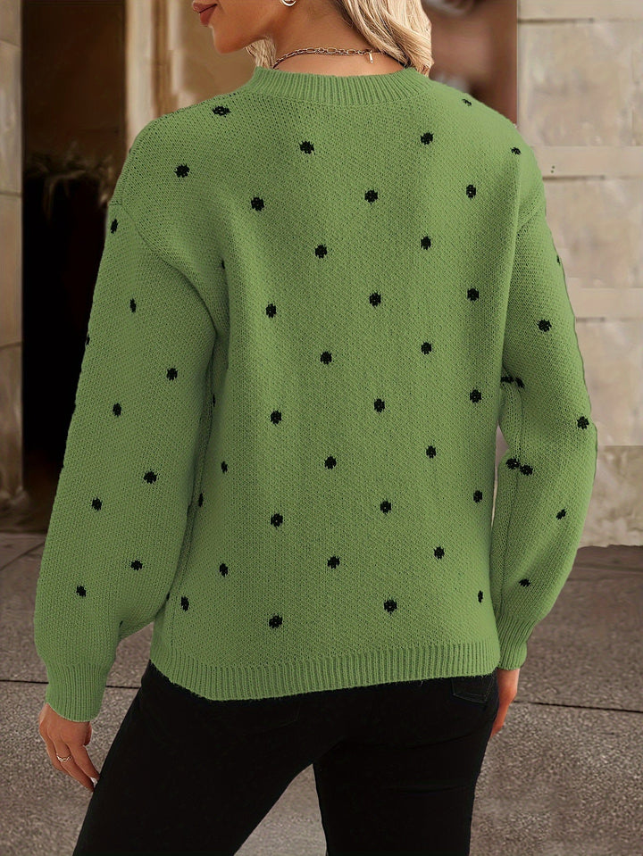 Women's polka-dot knit pullover with a round neck and long sleeves for autumn, relaxed fit