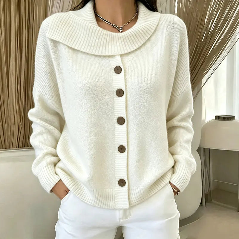 Gilet femme en maille à grand col et boutons, cardigan chaud et élégant pour l'automne