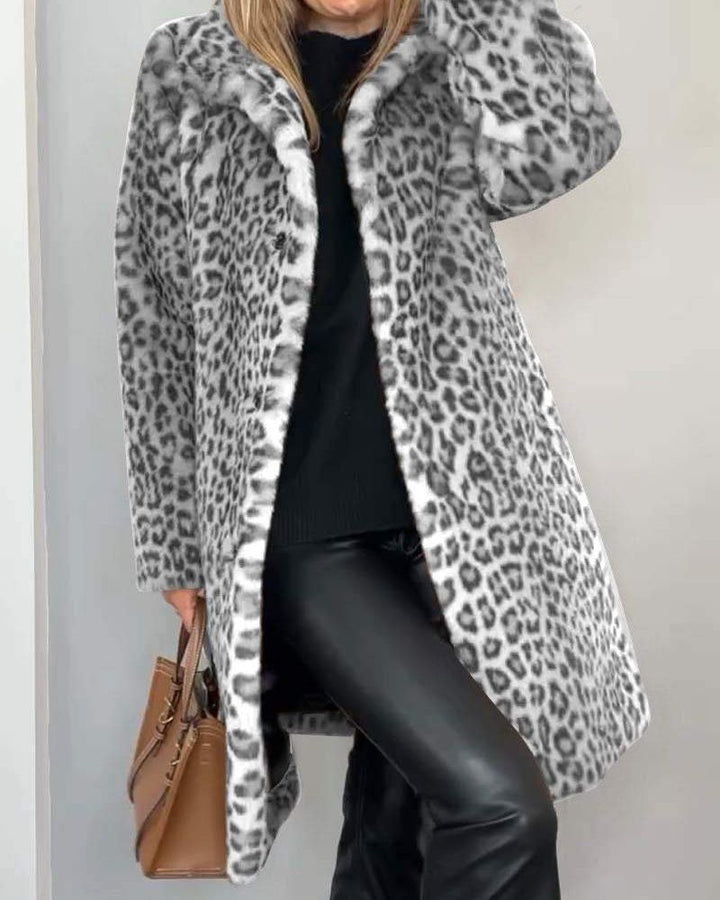 Women's long leopard-print coat with wool, autumn cape