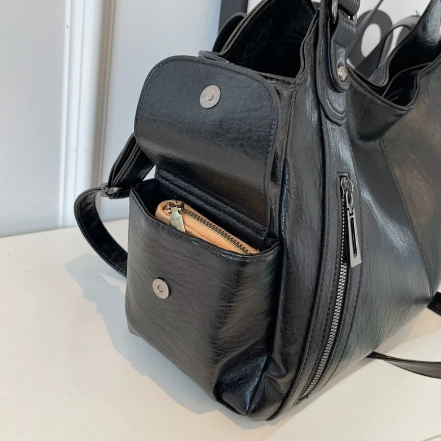 Spacious women's leather shoulder bag, autumn urban style
