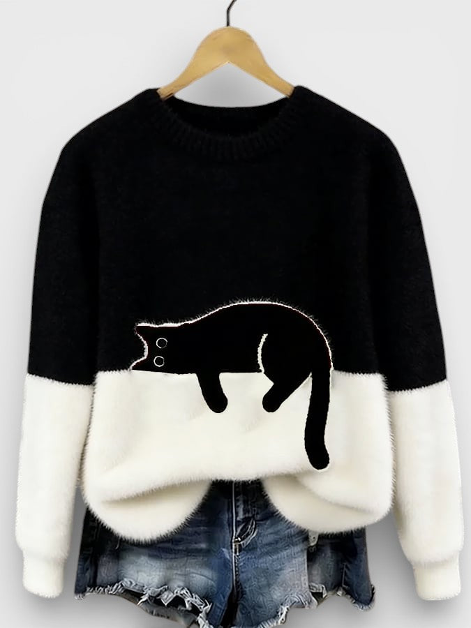 Pull femme en coton à motif chat pour l'automne, coupe décontractée pour le quotidien