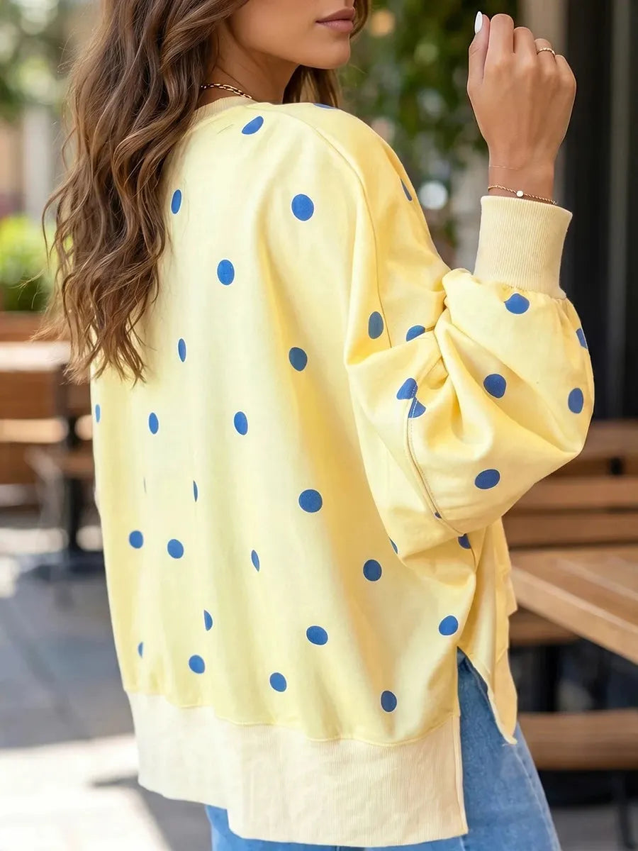 Sweat-shirt femme à pois en coton doux, sweat oversize col rond confortable pour l'automne