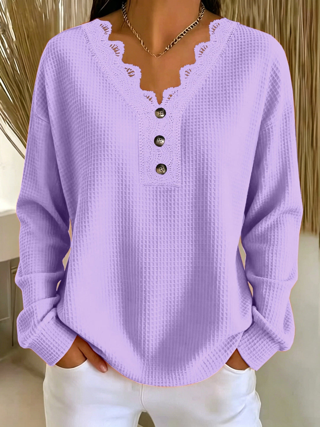 Women's V-neck lace-trimmed waffle-knit sweater with buttons, long-sleeve top for autumn