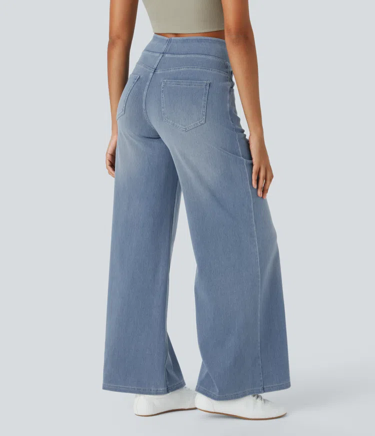 Jean femme extensible taille haute à jambes larges, pantalon décontracté en denim pour l’automne