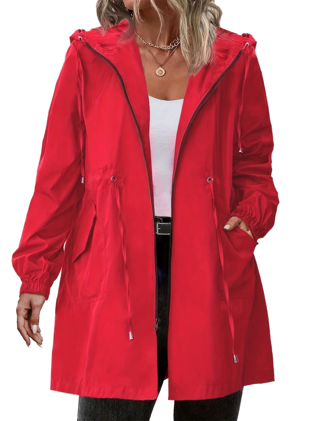 Veste de pluie pour femme de taille plus avec capuche en polyester, légère et décontractée pour l'automne