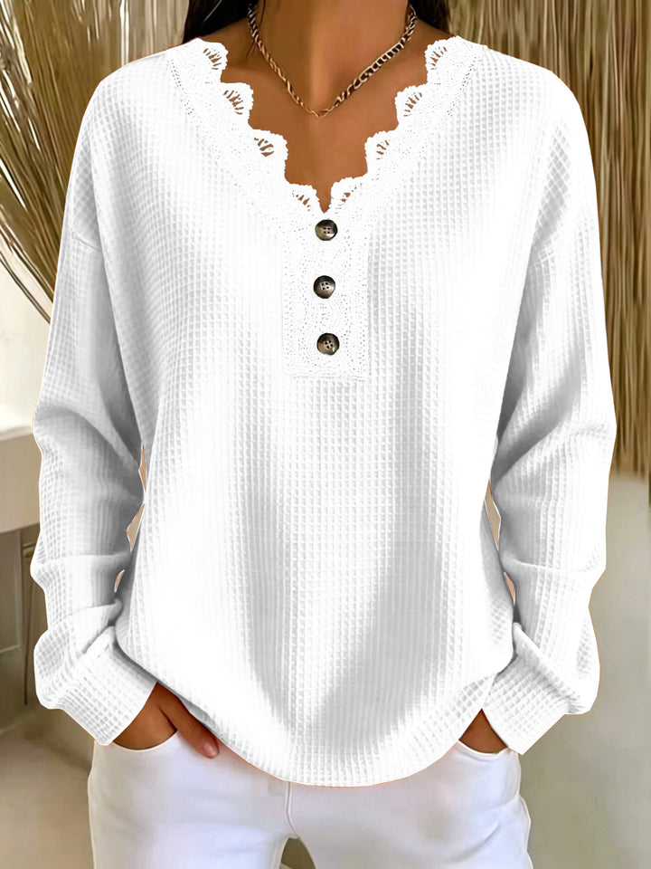 Women's V-neck lace-trimmed waffle-knit sweater with buttons, long-sleeve top for autumn
