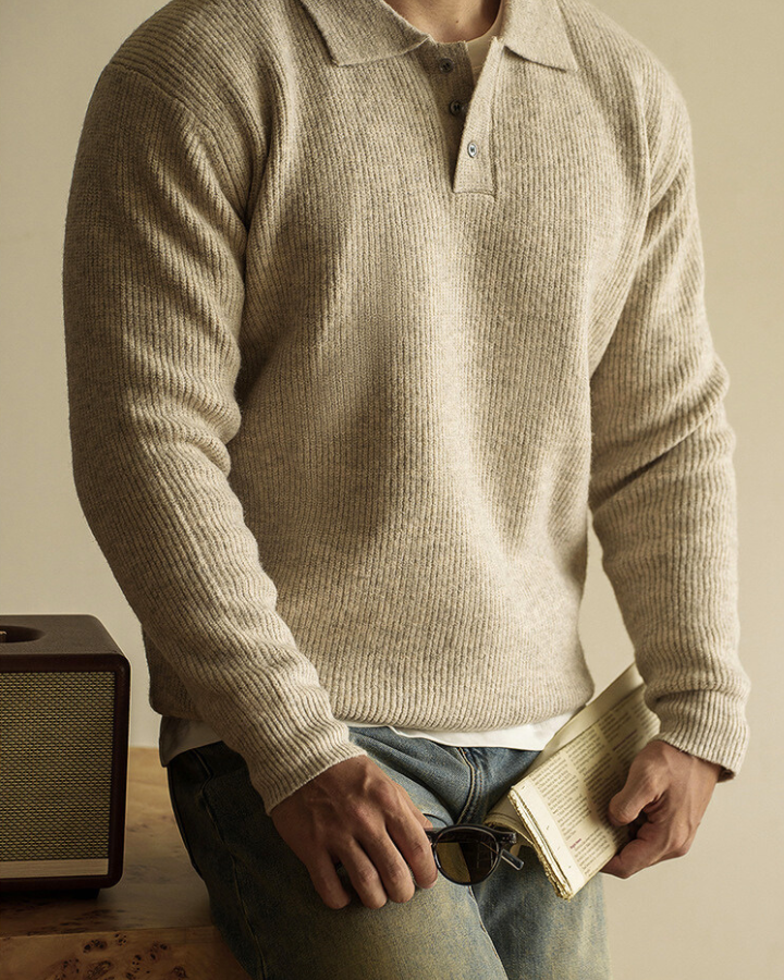 Pull polo homme en coton, maille extensible, d’automne, à manches longues
