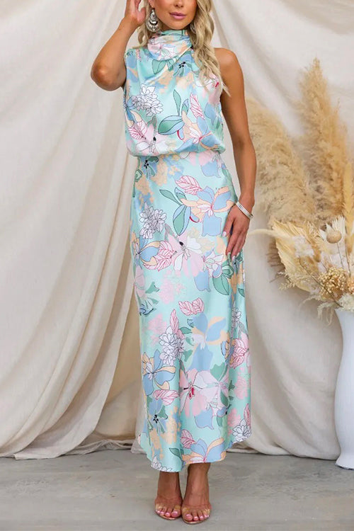 Chona | Elegant Blue Satin Ladies' Dress with Floral Print - High Neck, Perfect Style for Summer Evenings