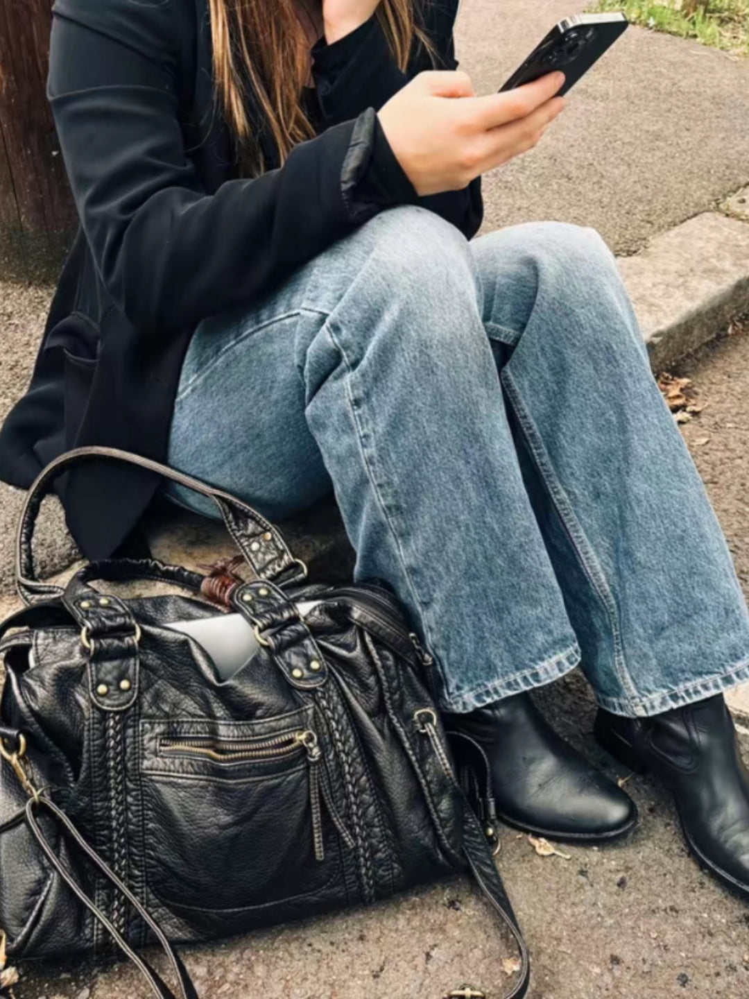 Women's leather bag for work and laptop, autumn urban style