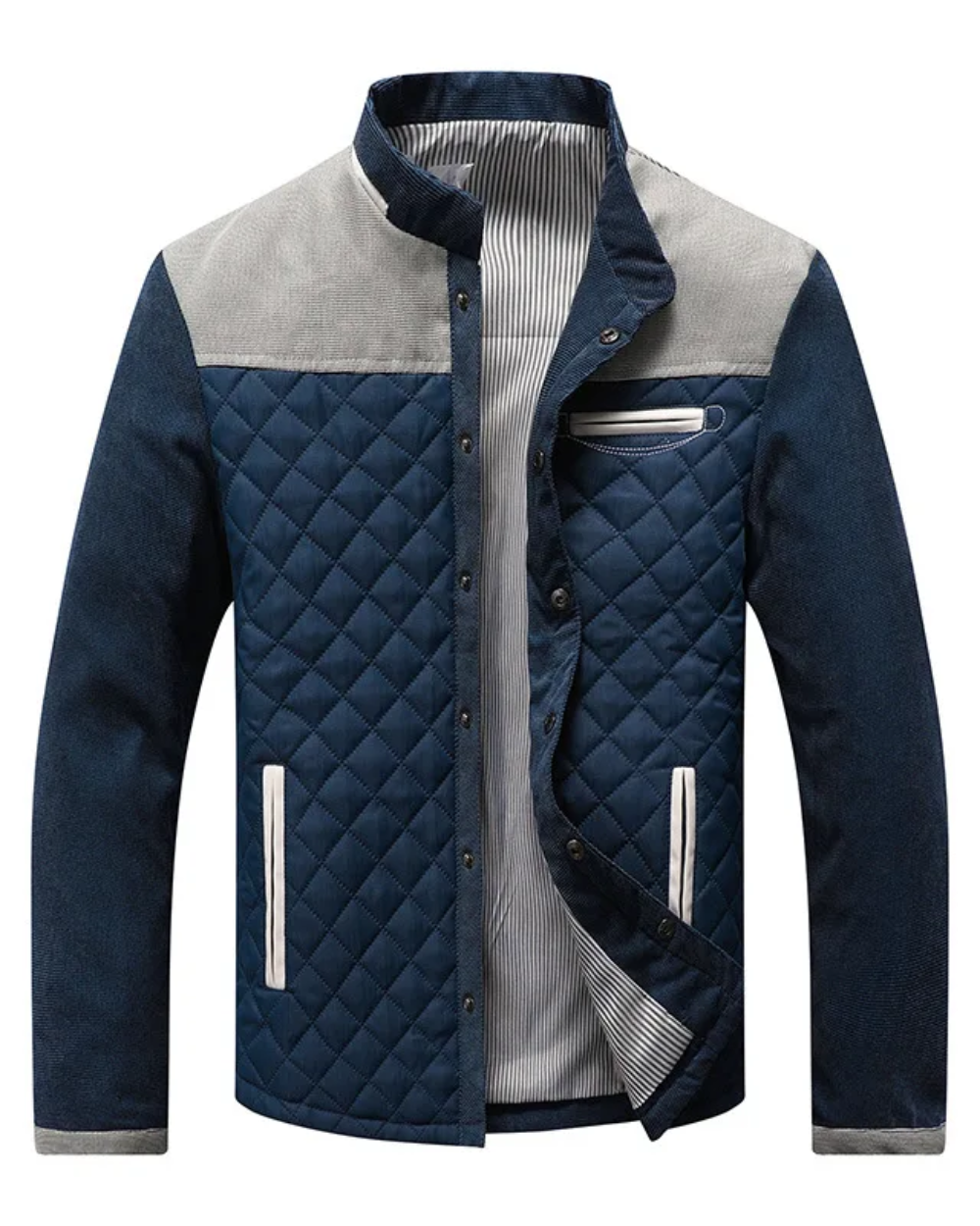 Veste matelassée homme col montant avec empiècements en velours côtelé, blouson pour l'automne