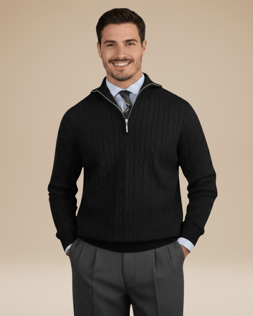 Men's cable-knit wool sweater with a zip-up stand collar for autumn