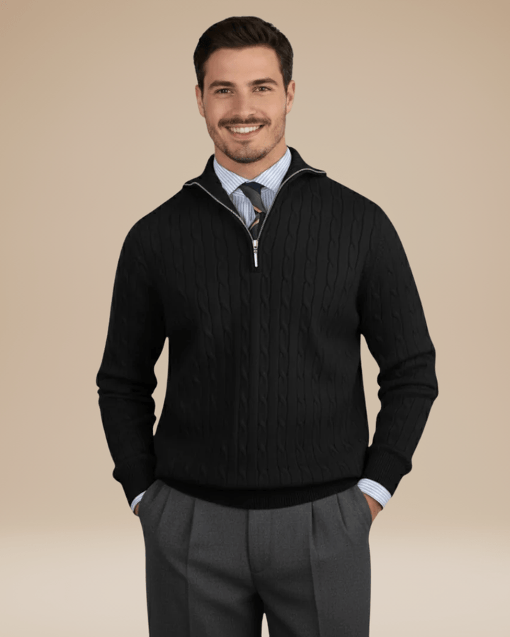 Men's cable-knit wool sweater with a zip-up stand collar for autumn