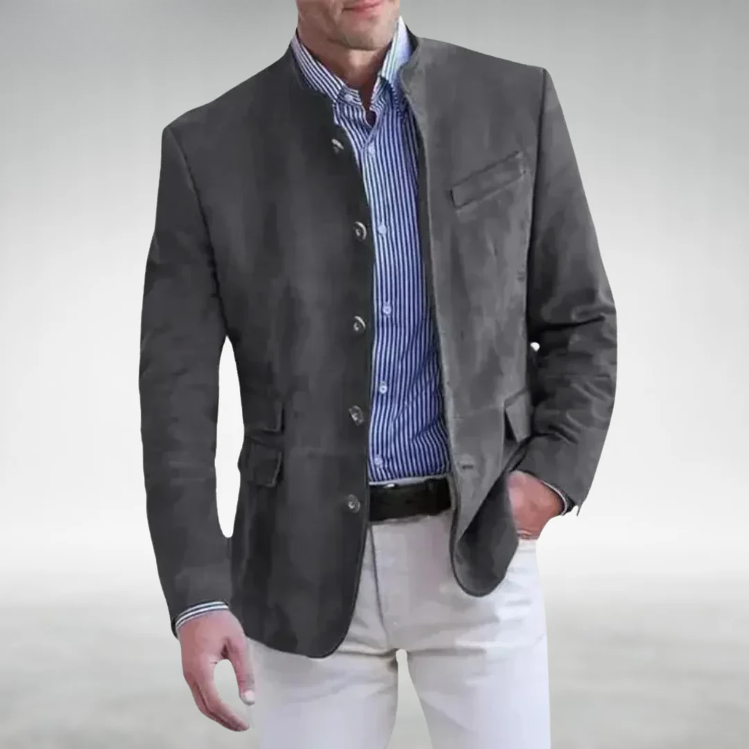 Men's stand-collar suede blazer, structured buttoned jacket for autumn