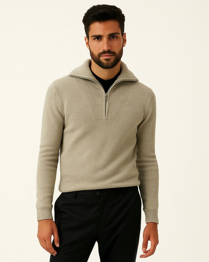 Men’s ribbed cashmere sweater with a zip-up collar for autumn