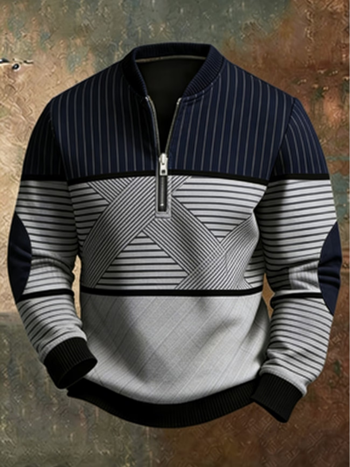 Men's half-zip stand-collar sweater in geometric-patterned knit, casual pullover for autumn