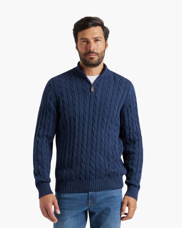 Pull homme en maille torsadée en coton, à col montant et fermeture éclair, pour l’automne