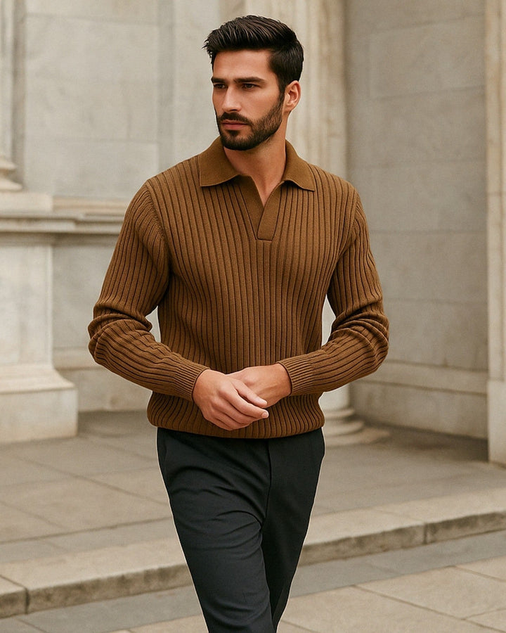 Polo homme à manches longues en maille de coton côtelée pour l’automne