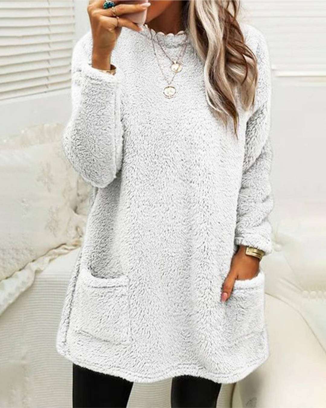 Pull long femme en laine mélangée à manches longues pour l’automne et l’hiver