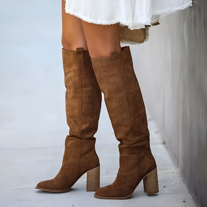 Bottes hautes pour femmes jusqu'aux genoux à talon bloc et bout pointu pour l'automne