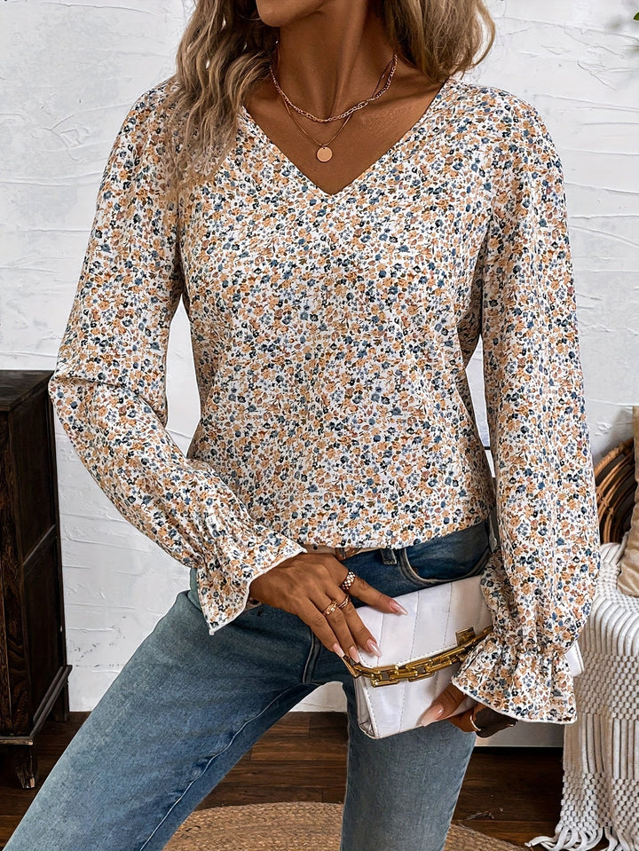 Eglantine | Chic Floral Print Blouse with V-Neck and Lace Bow Detail, Elegant Low Back Design