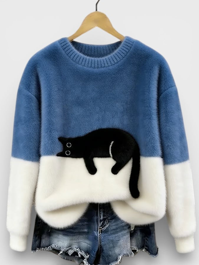 Pull femme en coton à motif chat pour l'automne, coupe décontractée pour le quotidien
