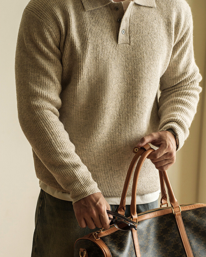 Pull polo homme en coton, maille extensible, d’automne, à manches longues