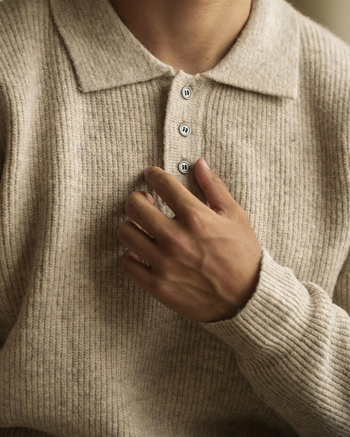 Pull polo homme en coton, maille extensible, d’automne, à manches longues