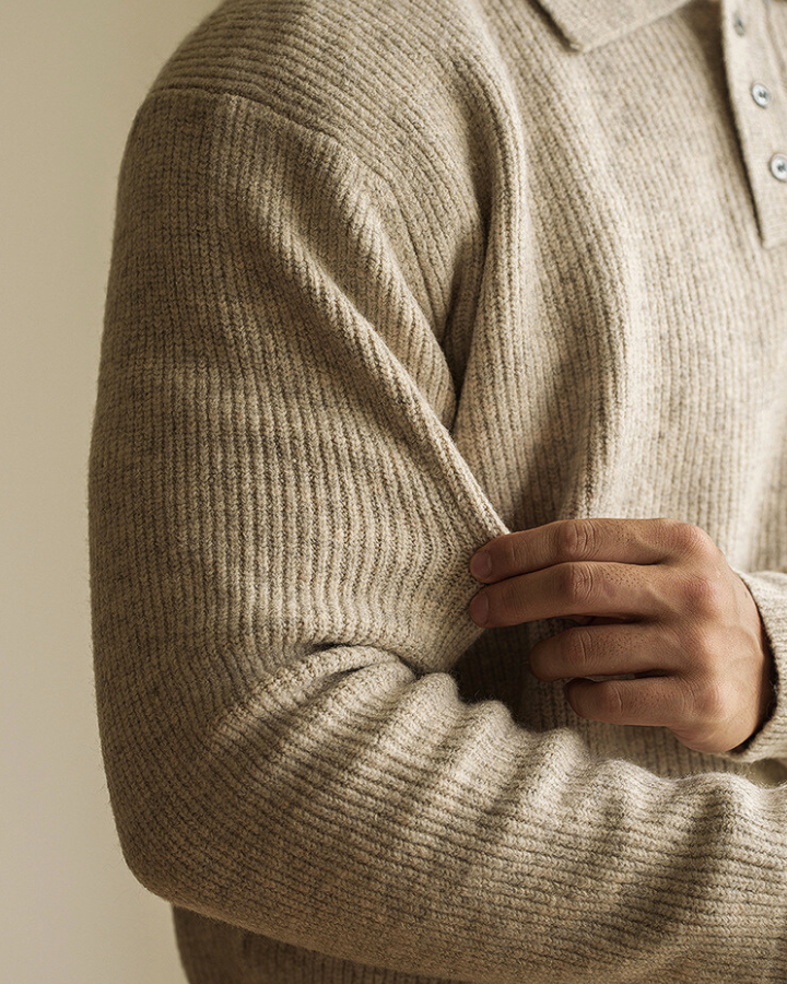 Pull polo homme en coton, maille extensible, d’automne, à manches longues