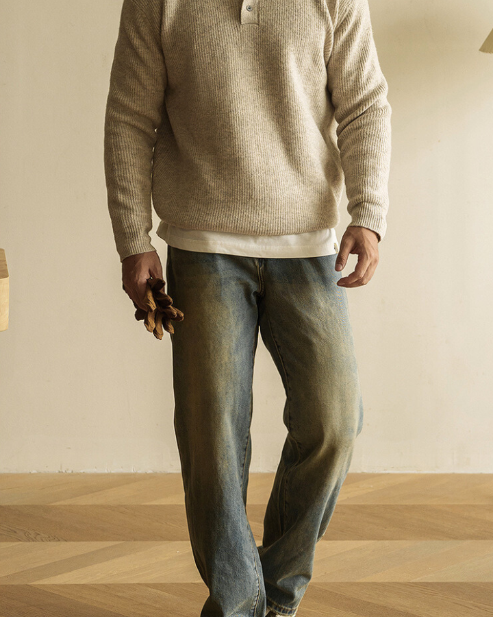 Pull polo homme en coton, maille extensible, d’automne, à manches longues
