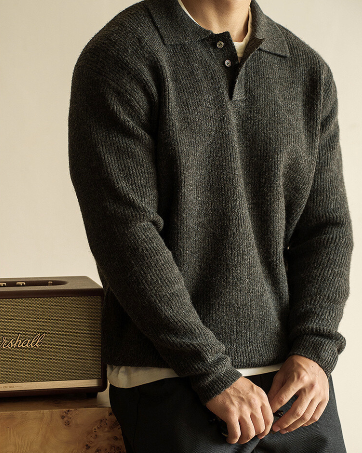 Pull polo homme en coton tricoté côtelé à manches longues pour l’automne