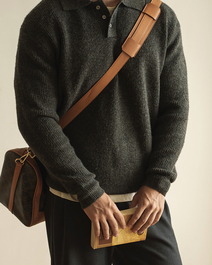 Pull polo homme en coton tricoté côtelé à manches longues pour l’automne