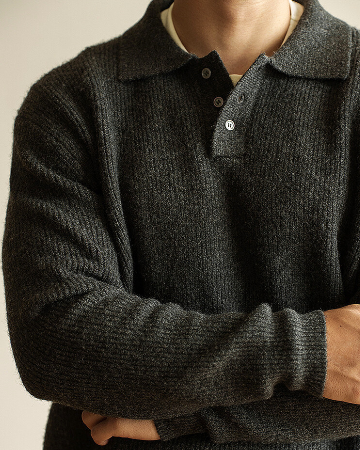 Pull polo homme en coton tricoté côtelé à manches longues pour l’automne