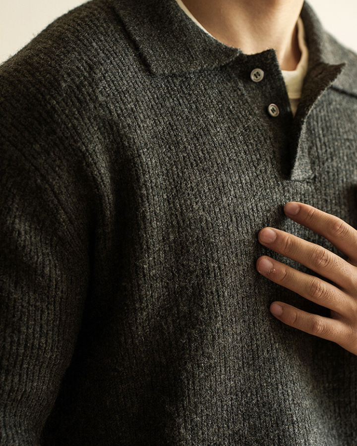 Pull polo homme en coton tricoté côtelé à manches longues pour l’automne