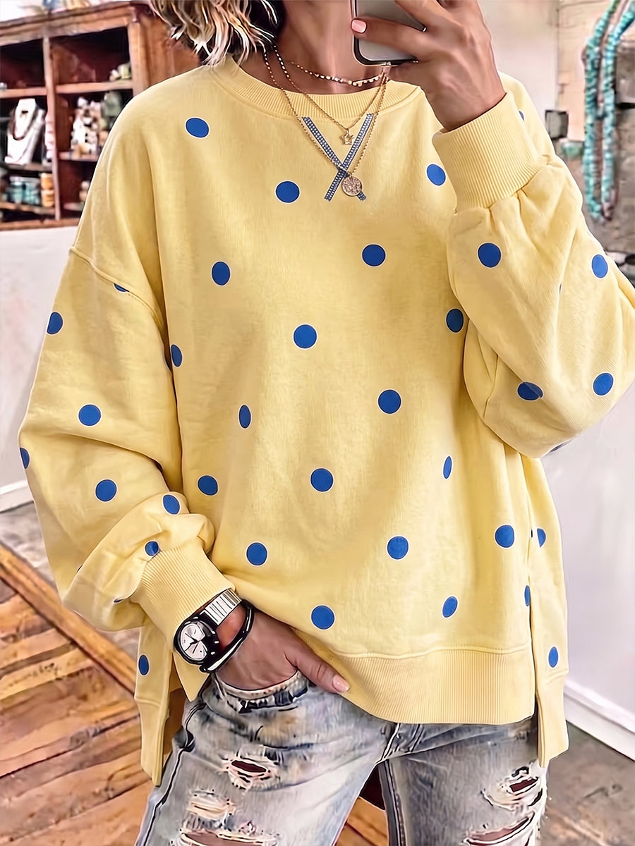 Sweat-shirt femme à pois en coton doux, sweat oversize col rond confortable pour l'automne